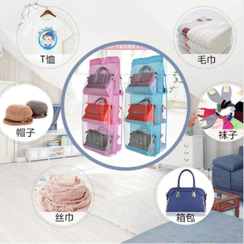 Tureclos Hanging Closet Multi Layers Handbag Storage Organizer Holder Transparent Pockets Bags Shelf Dust Proof Sorting Case Rack 3 Layers, Size